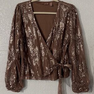 Elegant Sequin Wrap Blouse in Brown